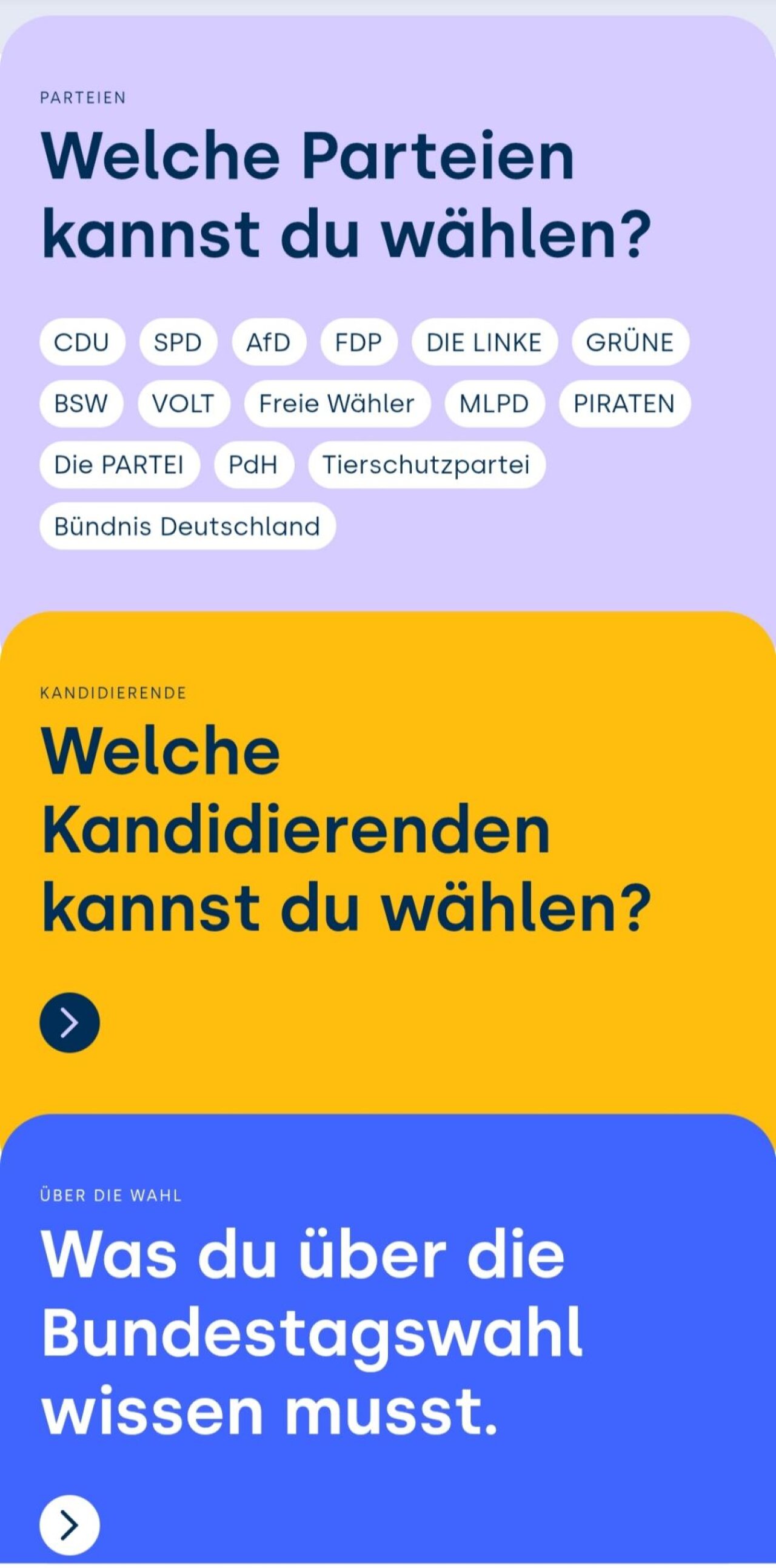 Screenshot der Startseite von www.leipzig-wählt.de mit Übersicht der einzelnen Kapitel: Parteien, Kandidierende und Infobereich.